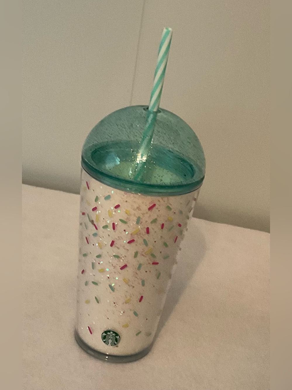 Starbucks White Tumbler with Teal Dome Lid and Sprinkle Design